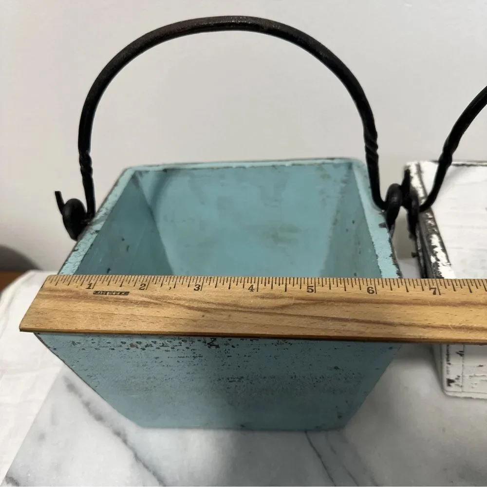Antique wood buckets pails Rustic Metal Set of 2 - Blue and White